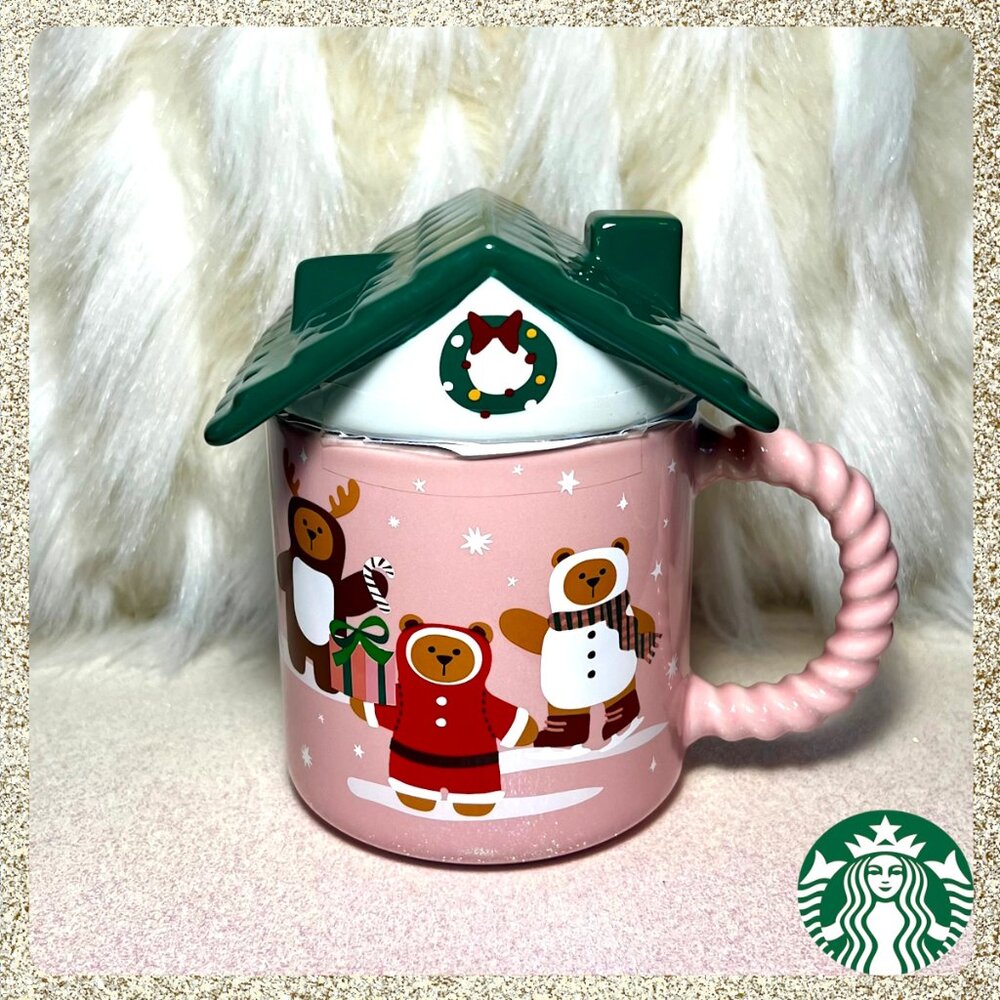 🎄🐻 NWT 2025 Starbucks Holiday Pink Gingerbread 14oz Ceramic Mug w/ Lid - Picture 1 of 4